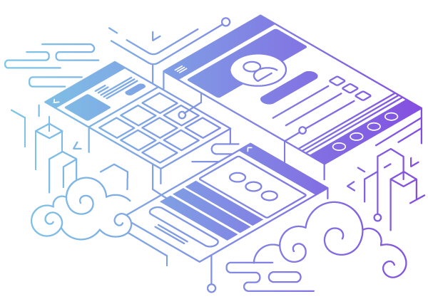 Abstract design with overlapping transparent layers forming geometric shapes in a gradient of purple and blue tones.