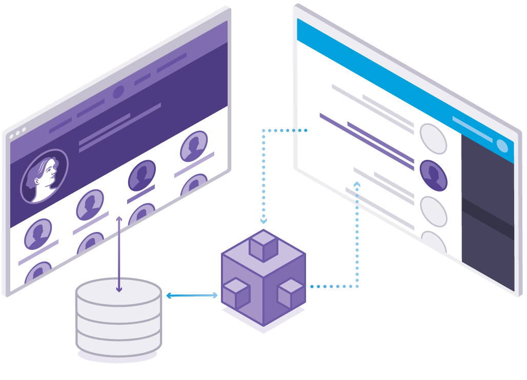 Illustration of two computer screens displaying profiles and elements connected by data blocks, symbolizing online networking or data exchange.