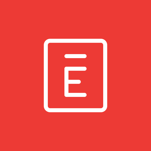 White uppercase letter E inside a rectangle on a red background.