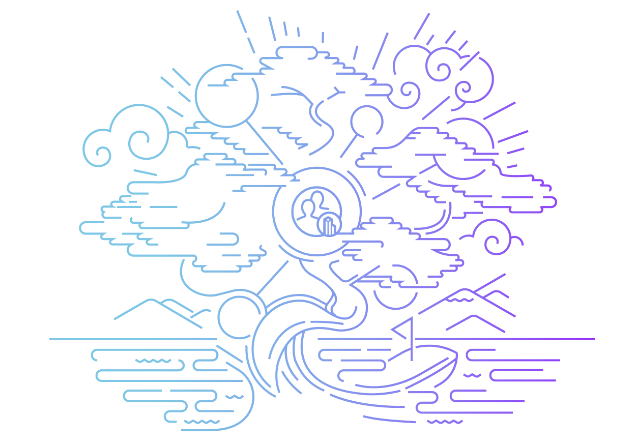 Line art of a tree merging into clouds and waves, featuring a small boat and mountains, with a family symbol at the center.