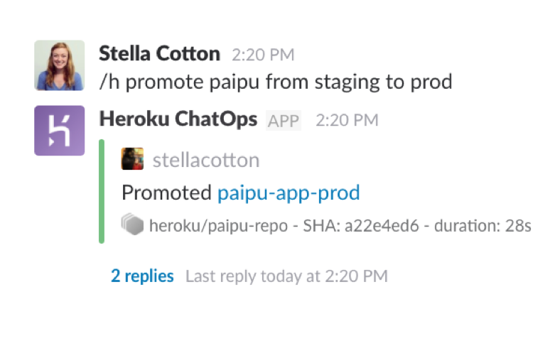 Heroku ChatOps displaying a promotion command to automate deployment of an app from staging to production in Slack.