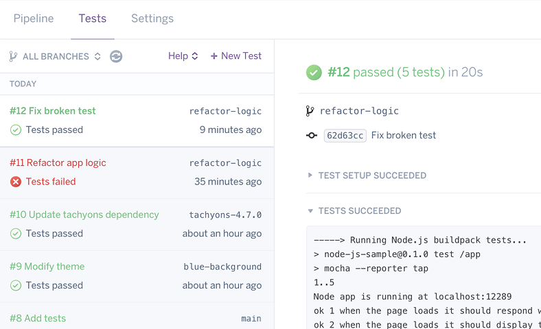Heroku CI testing dashboard showing continuous delivery and deployment test results for multiple branches.