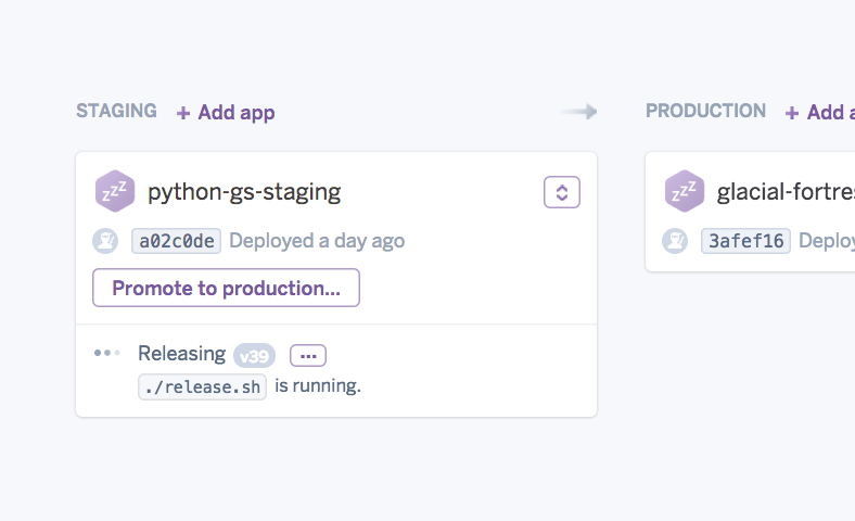Heroku Flow dashboard featuring staging and production environments with a “Promote to production” option for a Python app.