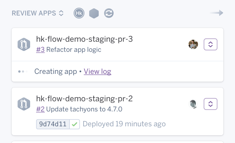 Screenshot of a review apps interface showing two entries: "hk-flow-demo-staging-pr-3" with refactor task, and "hk-flow-demo-staging-pr-2" noting tachyon update, deployed 19 minutes ago.