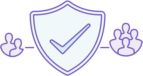 A shield with a check mark in the center, flanked by groups of people icons on both sides, against a purple background.