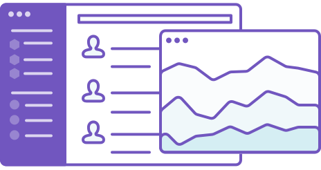 Illustration of a user interface with a sidebar, list of user icons, and an overlapping line graph chart, all in purple and blue tones.