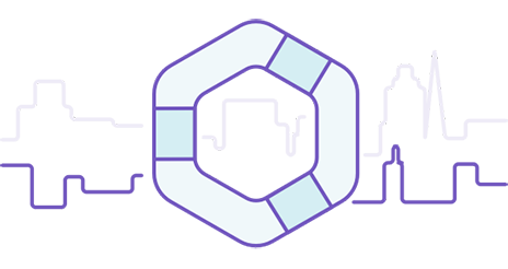 An abstract city skyline with an octagonal design featuring thick, light blue outlines in the center.