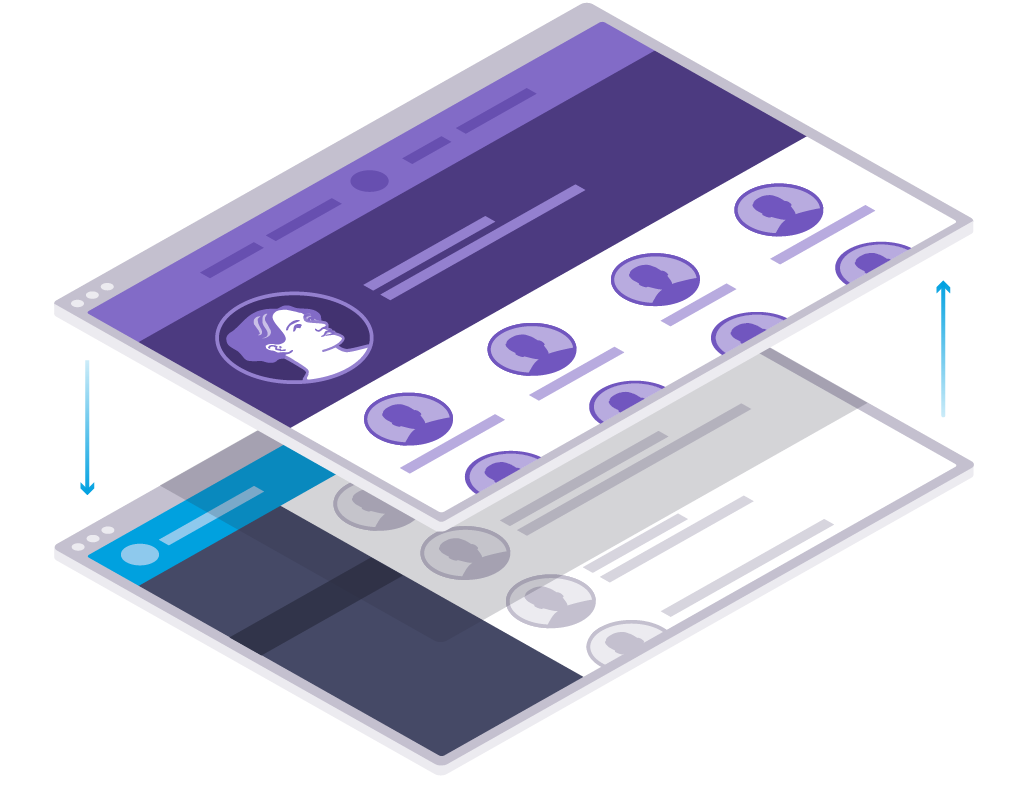 Illustration of two overlapping web browser windows, each displaying a profile picture and list layout, in purple and grey tones.