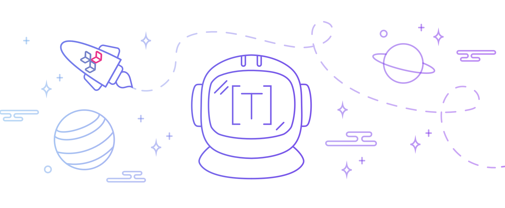 Illustration of an astronaut's helmet, planets, and a rocket ship