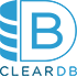 The image is a logo featuring a stylized blue letter "B" with three curved lines on the left, as part of the design, with the word "ClearDB" written beneath it.