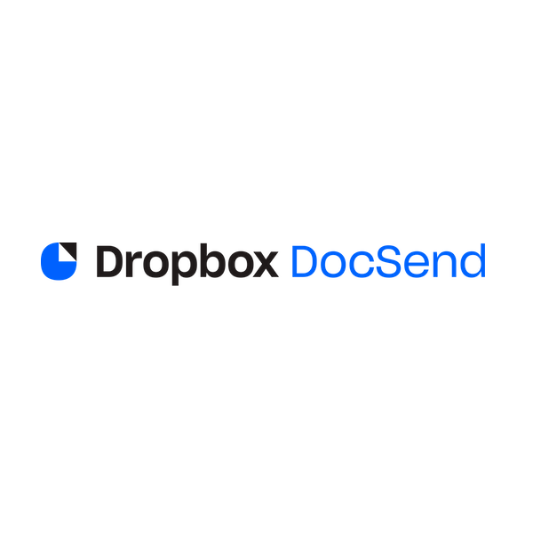 Logo of Dropbox DocSend with a blue and black icon on the left and the name in black and blue text on a white background.