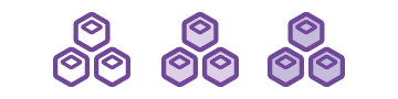 Three groups of three stacked purple hexagons with diamond shapes inside, arranged horizontally.