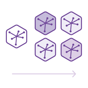 Five purple hexagons with node patterns inside, one lighter than the others, arranged in a group. A right-pointing arrow is below them.