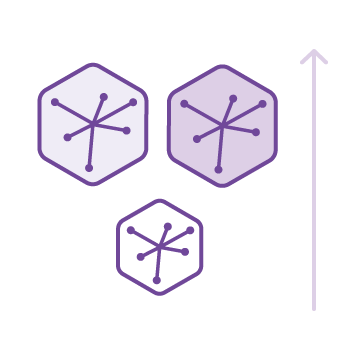 Three hexagonal icons with interconnected nodes inside, arranged in increasing size from bottom left to top right, next to an upward pointing arrow.