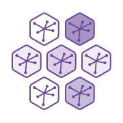 A cluster of seven hexagons with a central star-like pattern in varying shades of purple, arranged in a hexagonal formation.