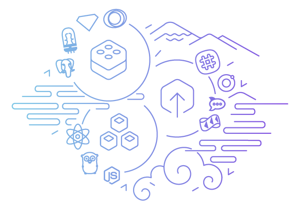 Abstract illustration featuring two mirrored circular shapes with stylized swirls and lines, set against a gradient purple background.