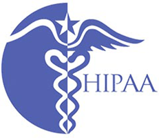 Blue HIPAA logo featuring a caduceus with wings and a star.