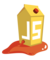 A yellow carton labeled "JS" with a red circle on top, sitting on a puddle of red liquid.