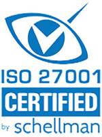 Logo displaying "ISO 27001 Certified by Schellman" in blue with a checkmark inside an eye symbol.
