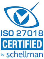 Blue logo with a checkmark in an eye design, reading "ISO 27018 Certified by Schellman.