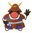 Illustration of a round character wearing traditional samurai armor and helmet on an orange background, waving with one hand.