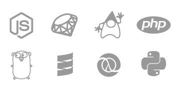 Logos of software technologies: Node.js, Ruby, Java, PHP, Go, a server, Clojure, and Elixir, arranged in two rows.