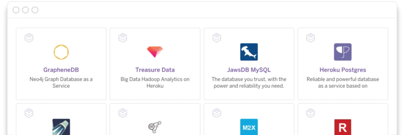 Grid of database service icons including GrapheneDB, Treasure Data, JawsDB MySQL, Heroku Postgres, and more, showcasing various analytics and database services.