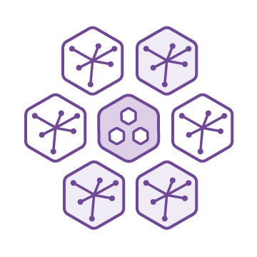 Illustration of six purple hexagons with nodes connected by lines surrounding a central arrangement of three smaller hexagons.