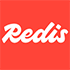Redis logo with the name in white cursive text on an orange-red background.