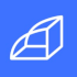 Blue square with a white geometric logo featuring a three-dimensional shape composed of lines and angles.
