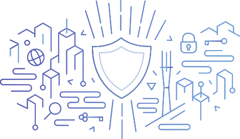 Line art illustration featuring a central shield surrounded by abstract cityscape elements, technology symbols, and padlocks.