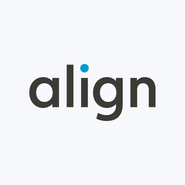 The image shows the word "align" in lowercase letters with a blue dot above the letter "i" on a plain background.