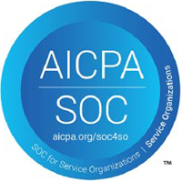 Blue circular logo with text "AICPA SOC" and "aicpa.org/soc4so" in the center. Outer ring reads "SOC for Service Organizations | Service Organizations.