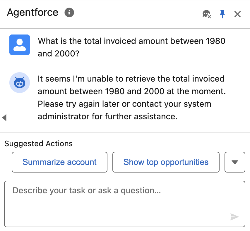 Agentforce chat interface showing a failed invoice query, illustrating data access challenges.