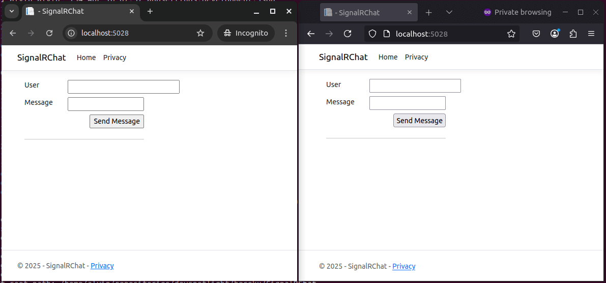 Two browser windows display the SignalRChat web app, each in private or incognito mode, showing blank user and message fields with a "Send Message" button.