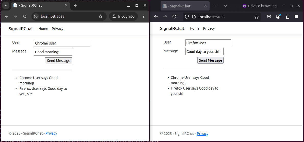 Two browser windows display a chat app interface; one as "Chrome User" sends "Good morning!", the other as "Firefox User" sends "Good day to you, sir!" with messages displayed below.