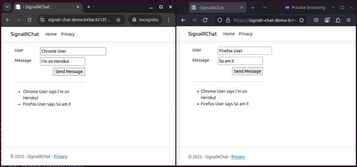 Two browser windows side by side show a chat app, with messages from Chrome User and Firefox User displaying "I'm on Heroku!" and "So am I!".