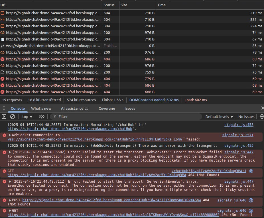 A browser developer console displays several failed network requests and error messages, including 404 and WebSocket errors for URLs related to a Signal chat demo application.