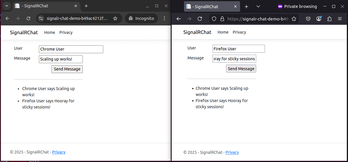 Two browser windows display a chat web app. The left shows Chrome with messages; the right shows Firefox with the same chat and matching messages. Both run in private or incognito mode.