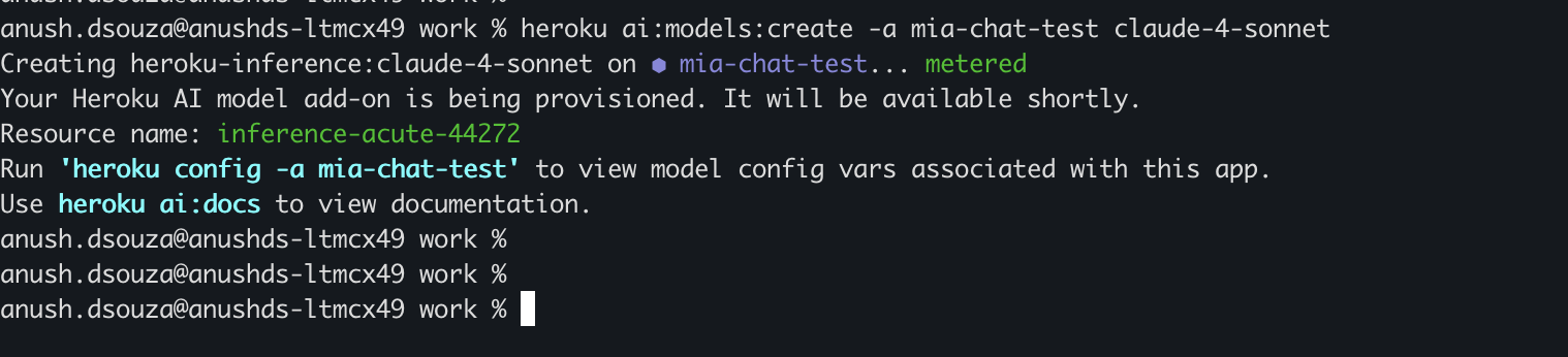 Terminal window showing commands and output for creating a Heroku AI model instance named "mia-chat-test" using claude-4-sonnet, with a resource name and setup instructions displayed.