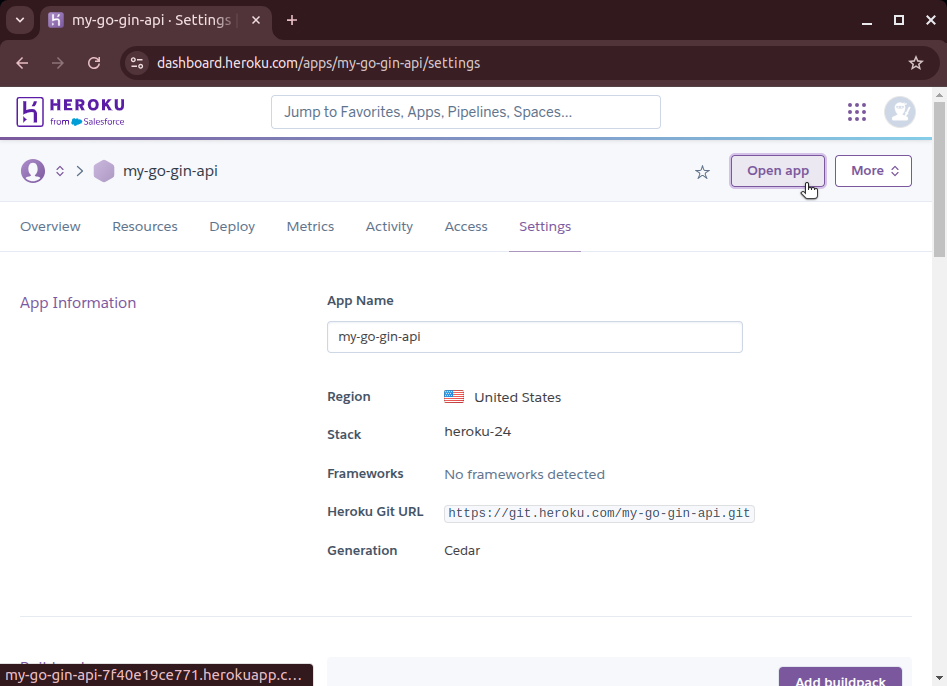 A Heroku app settings page shows the app name "my-go-gin-api," region "United States," stack "heroku-24," and a highlighted "Open app" button.