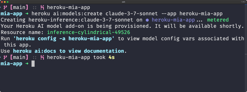 Terminal window showing commands and output for creating a Heroku app called "mia-app" with a Claude AI model add-on, including provisioning status and setup instructions.
