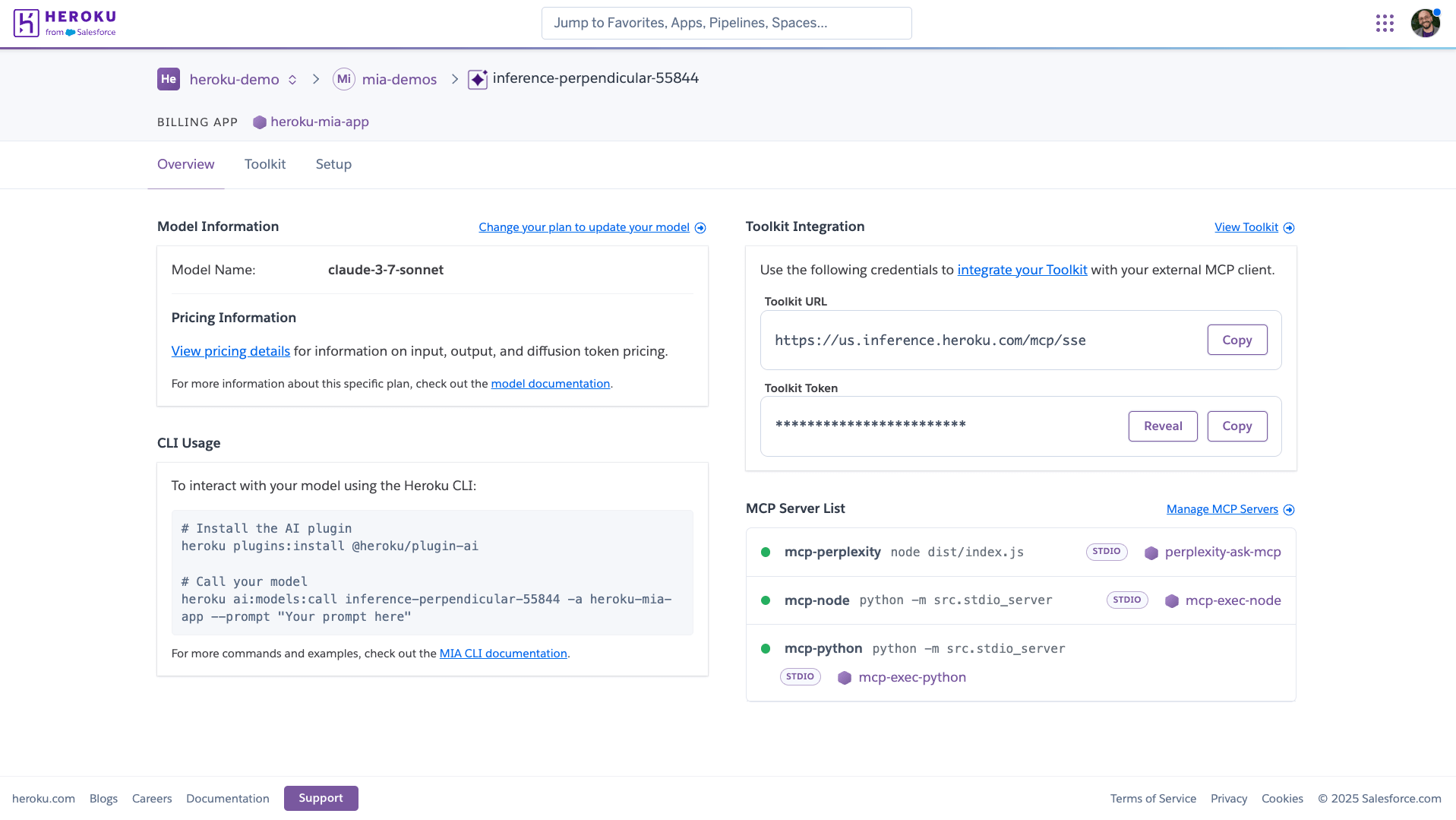 Screenshot of a Heroku dashboard showing model information, toolkit integration details, CLI usage instructions, and MCP server list with statuses and endpoints.