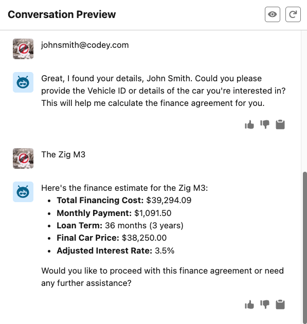 Chat interface showing a finance estimate for a car, including total cost, monthly payment, loan term, final price, and interest rate. User is asked if they wish to proceed.