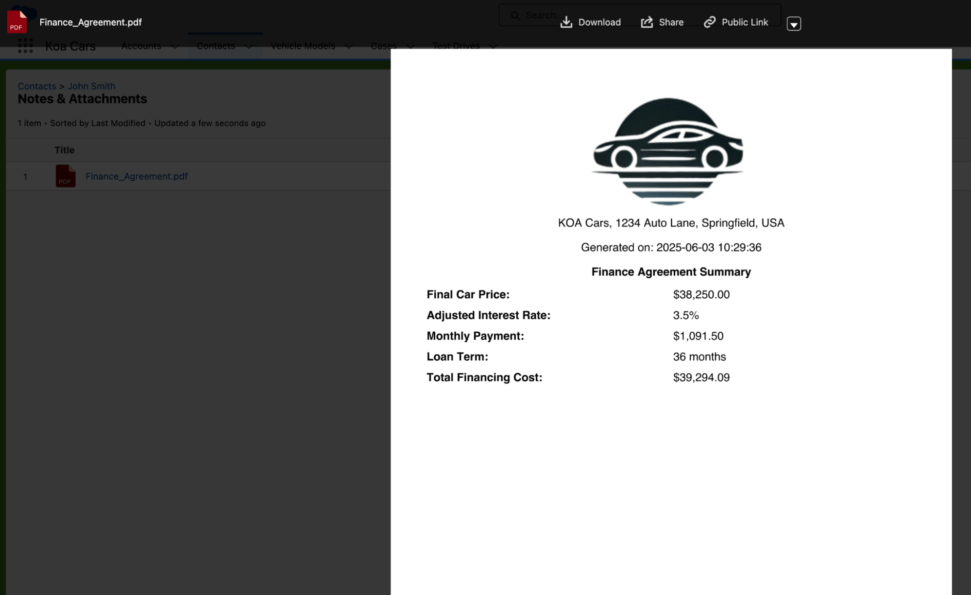 A finance agreement summary shows a car icon, dealership address, price, interest rate, monthly payment, loan term, and total financing cost.