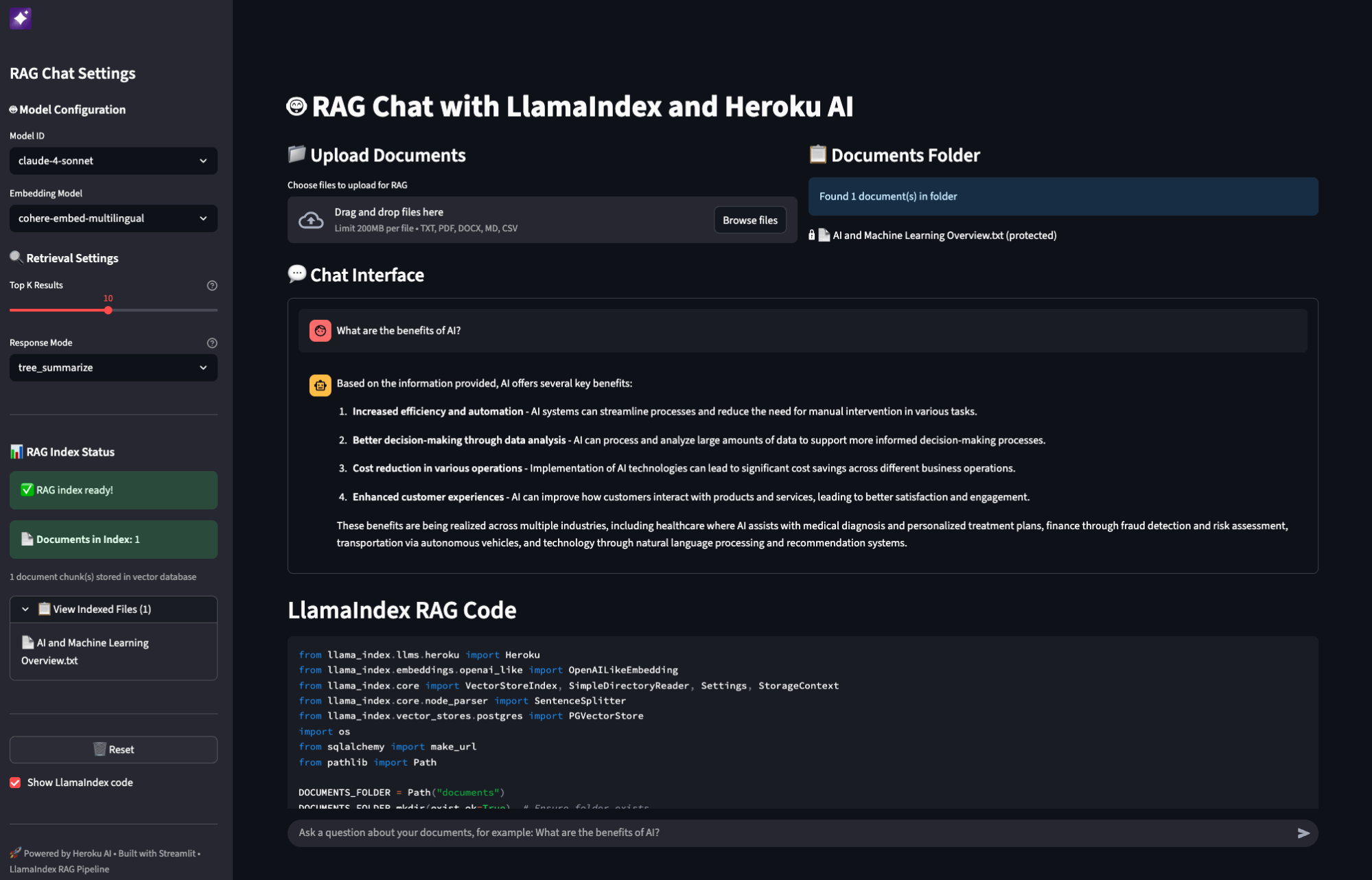 Screenshot of a web interface for "RAG Chat with LlmaIndex and Heroku AI," showing upload options, chat interface, document management, and sample Python code for LlamaIndex RAG.