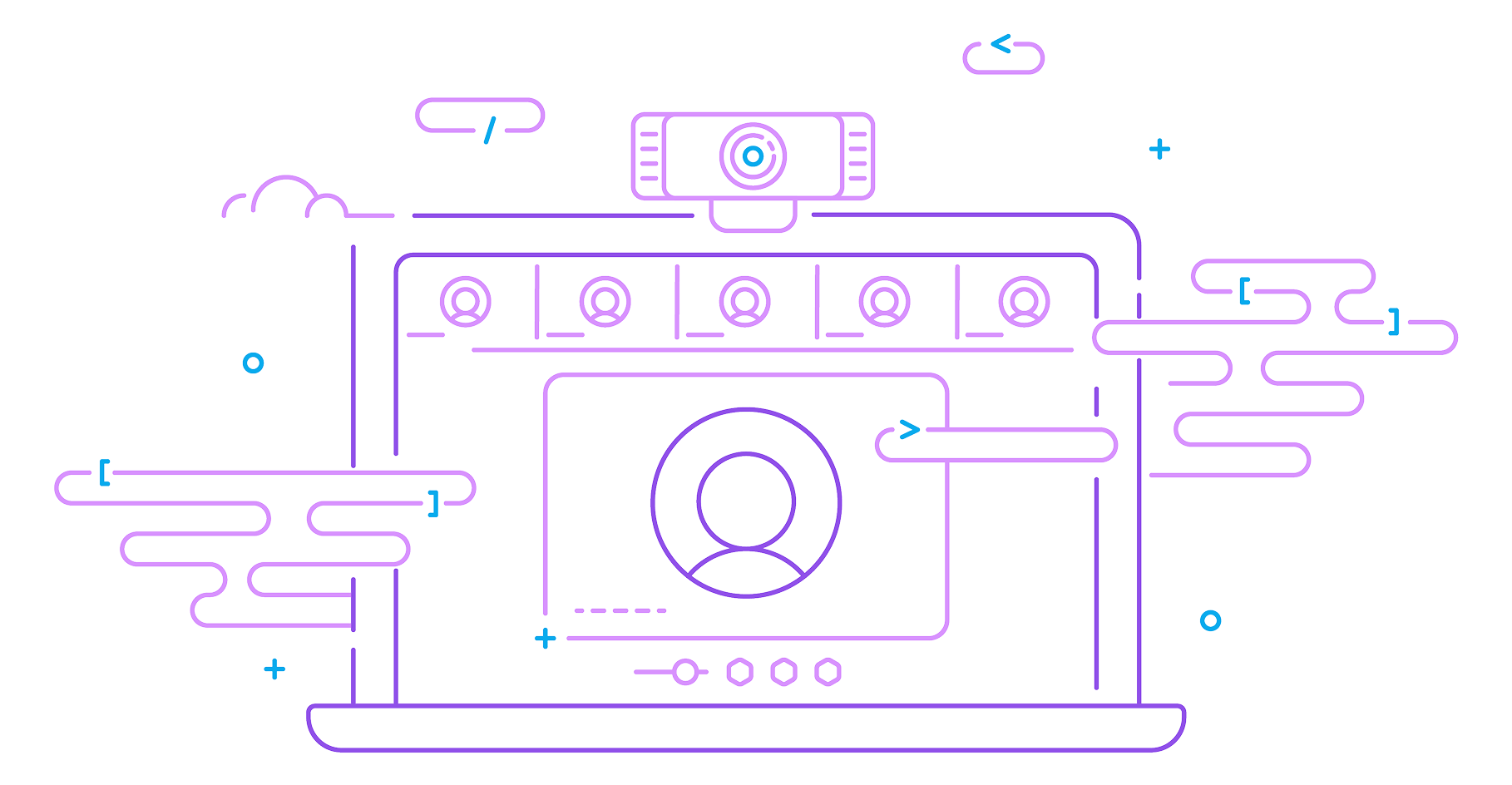 Illustration of a laptop with a webcam on top, displaying a virtual meeting interface with user icons and stylized cloud elements around the screen.
