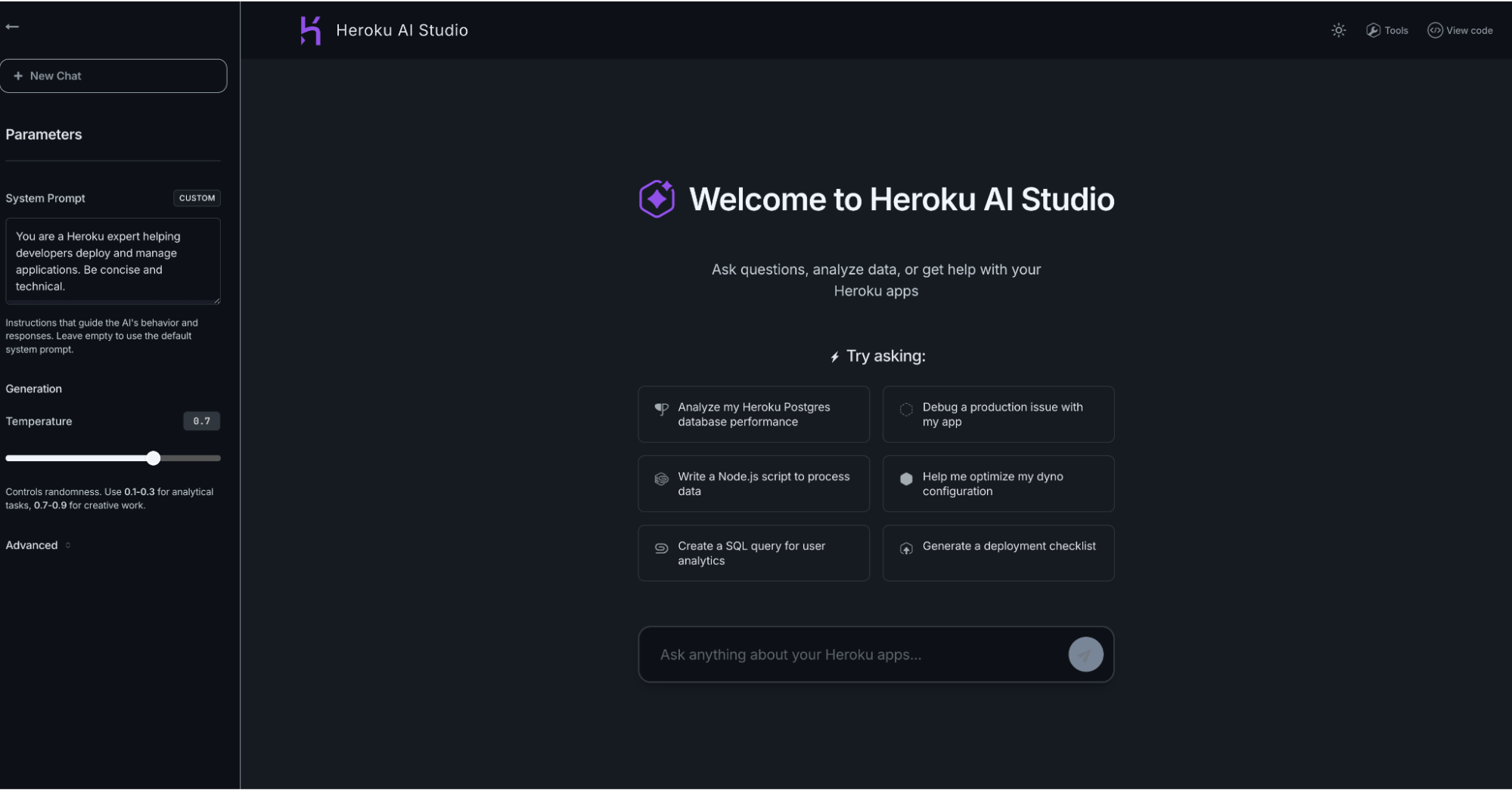 Screenshot of the Heroku AI Studio interface showing a dark-themed dashboard with a welcome message, options to ask questions, and various prompt suggestions.