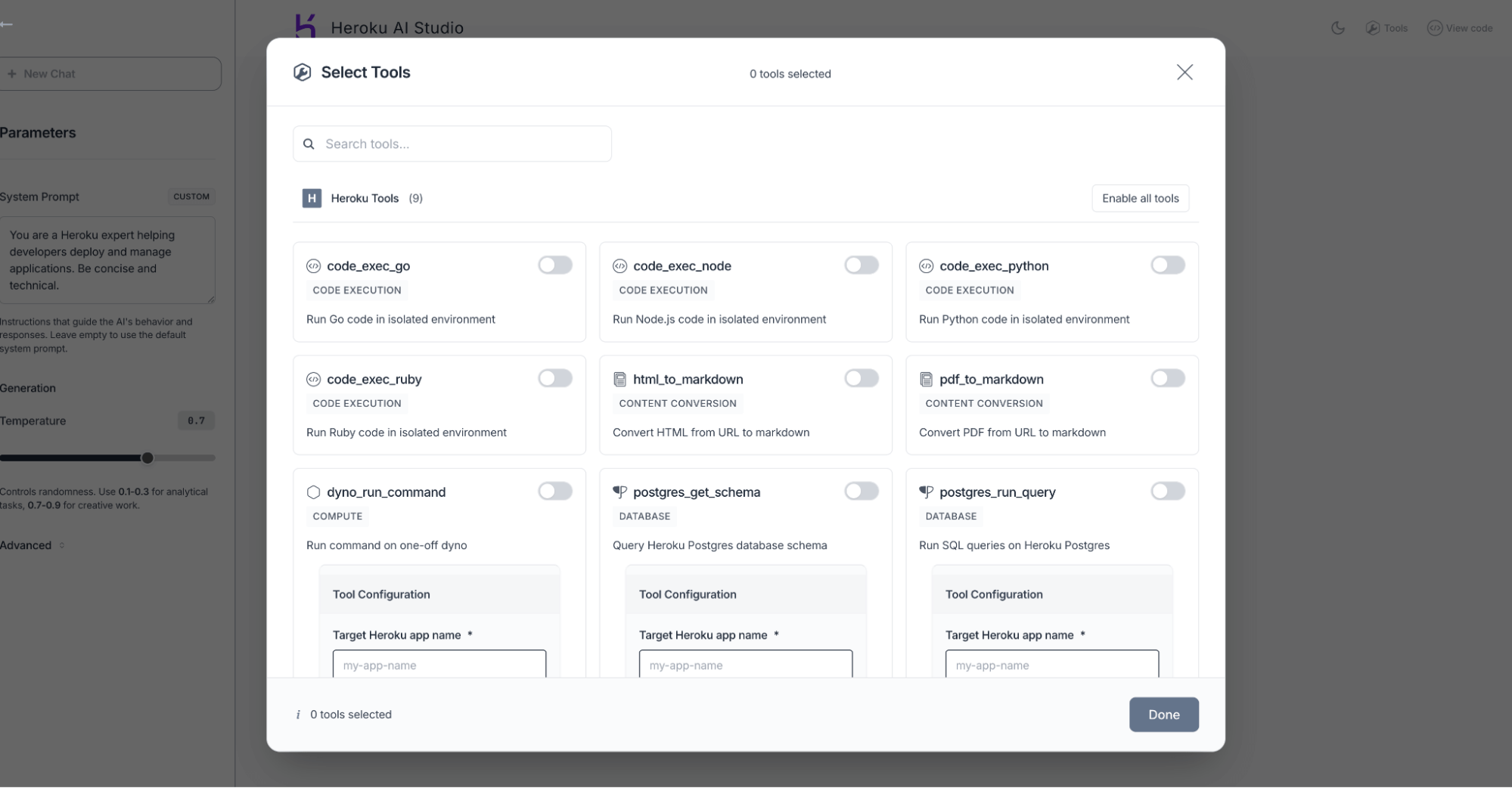 Heroku AI Studio - interface displays a list of development tools with toggles to enable or disable each tool and configuration options below each tool name.