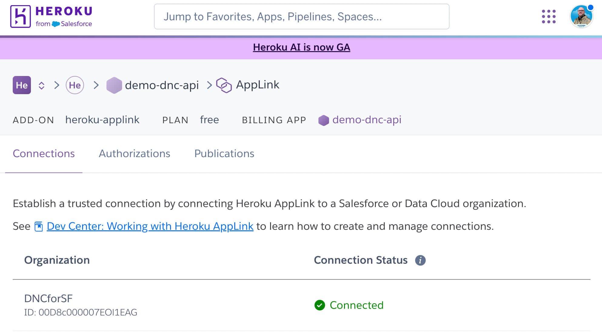 Screenshot of a Heroku dashboard showing a connected Heroku AppLink integration with the organization “DNCforSF” and connection status marked as “Connected.”.